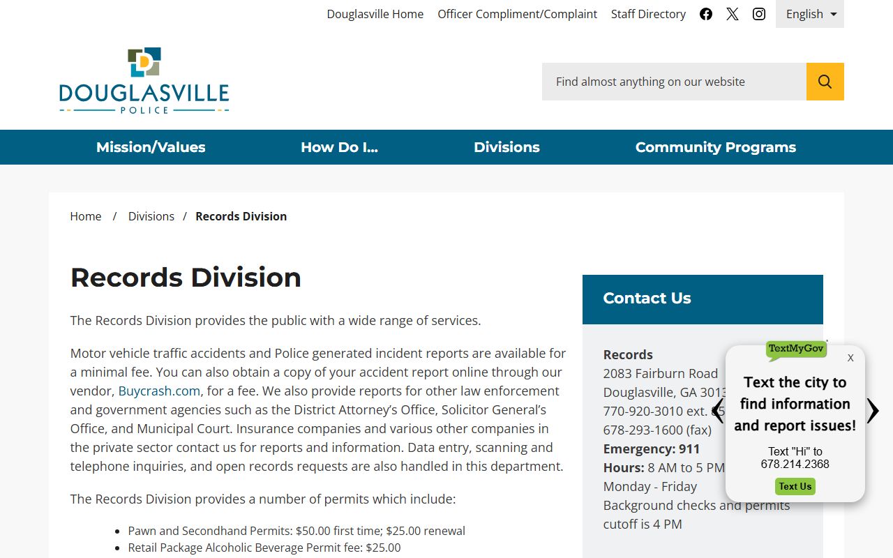 Douglasville Police Department Records Division webpage