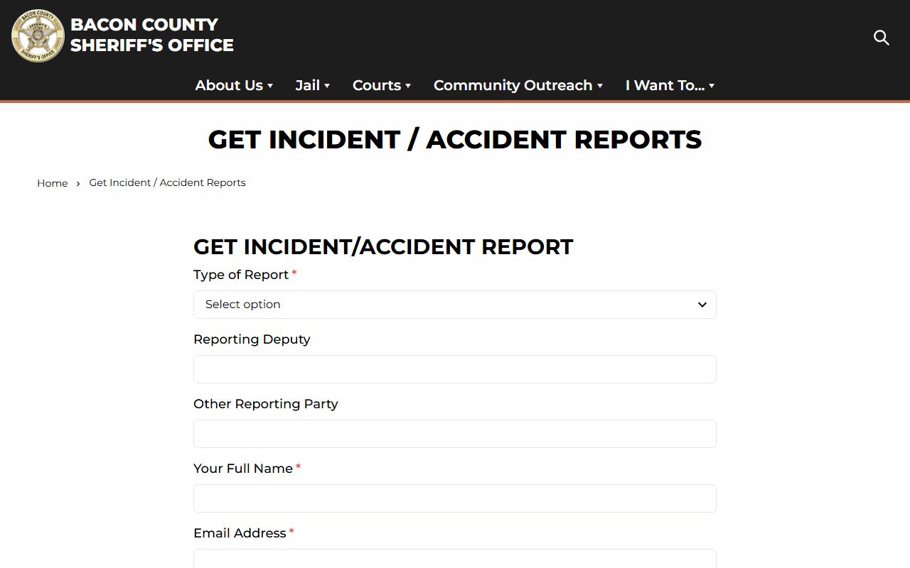 Bacon County Sheriff accident reports page for police records requests