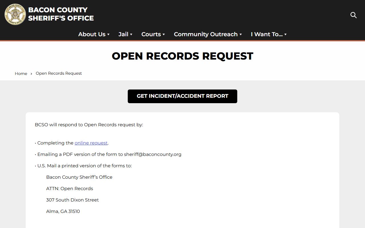 Bacon County open records request page for police records in Georgia