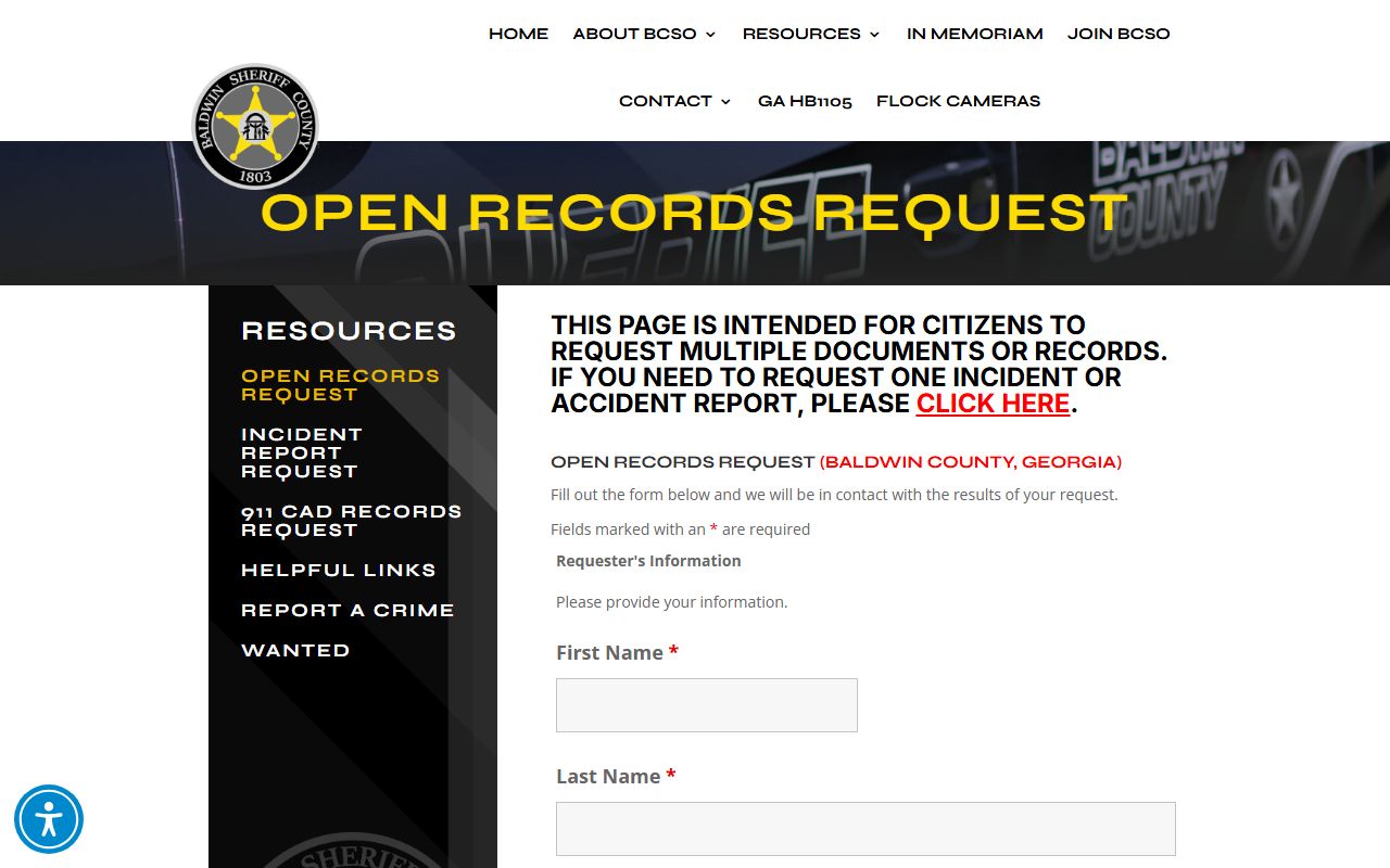 Baldwin County open records request page for police records in Milledgeville Georgia